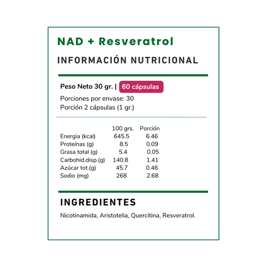 Potente suplemento de NAD+ y Resveratrol 500 mg de Vitamina Green. Fórmula antioxidante diseñada para complementar tu bienestar y vitalidad diaria. Envio Chile