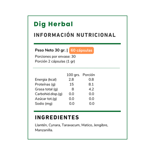 Vitamina Green Dig Herbal: Suplemento con Matico y Manzanilla para una digestión óptima y alivio de gases. ¡Compra en Chile y siéntete aliviado!