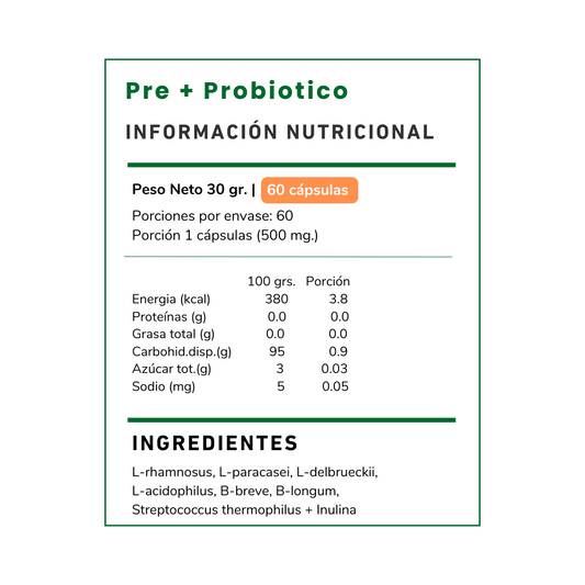 Mejora tu digestión, refuerza defensas y equilibra tu flora intestinal. Suplemento Prebiótico + Probióticos Vitamina Green en Chile. ¡Compra fácil y rápido!