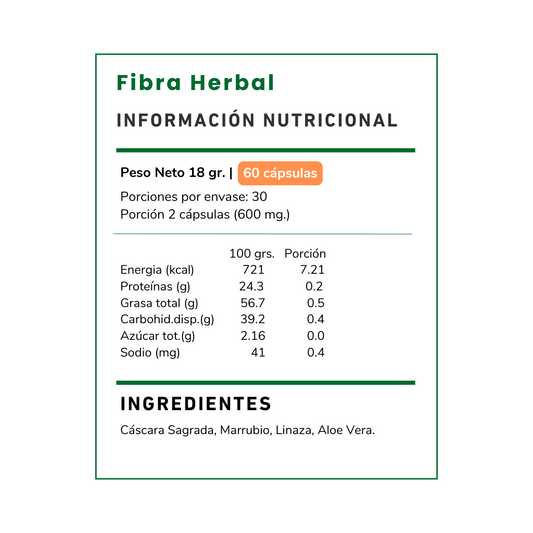 Fibra Herbal 300 mg de Vitamina Green. Suplemento con Linaza y Aloe Vera diseñado para complementar tu dieta y apoyar el bienestar digestivo natural. Chile.