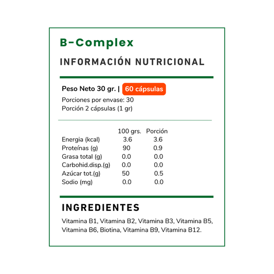 Descubre B-Complex de Vitamina Green con 8 vitaminas esenciales. Un complemento natural para apoyar tu vitalidad diaria. Calidad premium con envío a todo Chile.