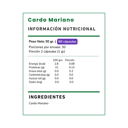 Compra Cardo Mariano 500 mg Vitamina Green Chile. Suplemento natural que contribuye al bienestar digestivo y aporta antioxidantes. Envío rápido a todo el país.