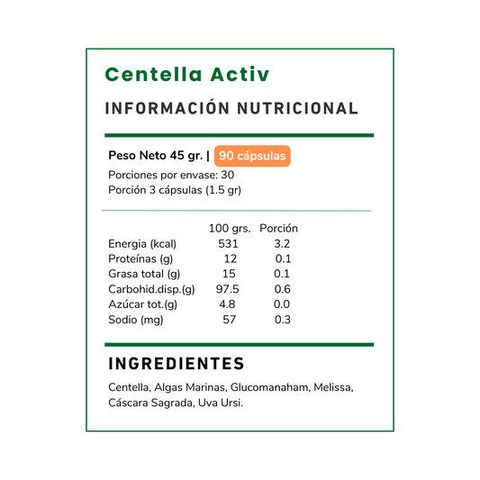 Descubre Centella Activ 500 mg Vitamina Green. Suplemento natural con algas marinas y glucomanano para apoyar tu bienestar diario. Envío rápido en todo Chile.