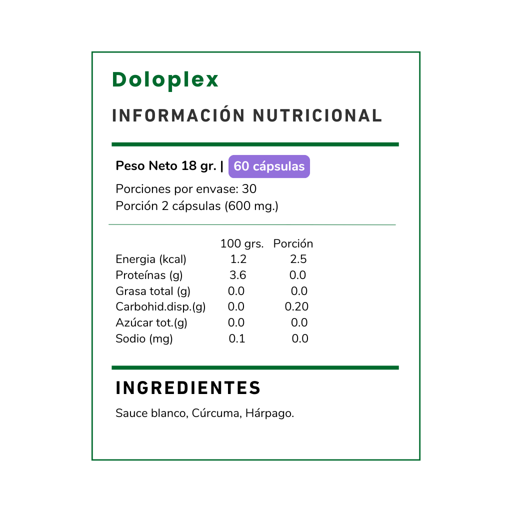 Doloplex, Fórmula natural con Sauce blanco, Cúrcuma, Harpago. Podría ayudar a aliviar dolores articulares y musculares de forma natural. ¡Recupera tu bienestar!