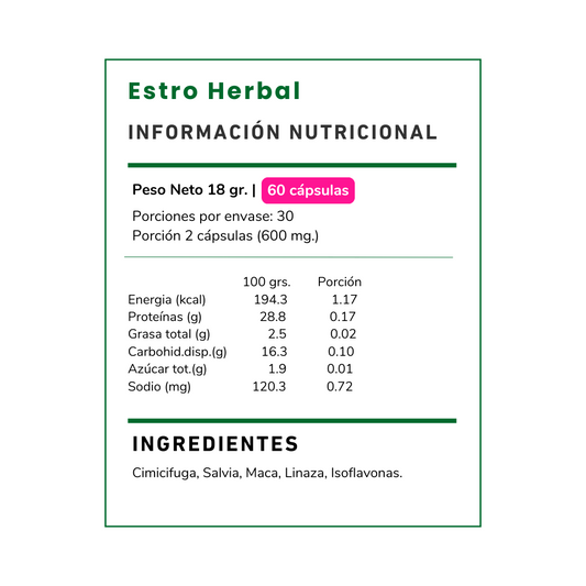 Descubre Estro Herbal 300 mg de Vitamina Green. Con Cimicifuga y Salvia para apoyar el bienestar femenino y la vitalidad natural. Compra online en Chile.