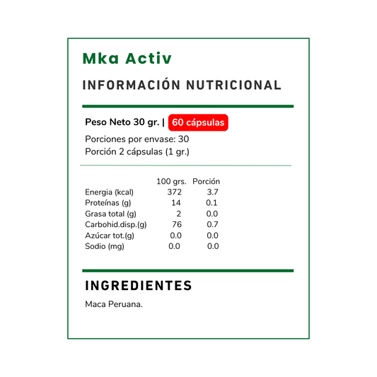 Descubre Mka Activ con Maca Peruana 500 mg de Vitamina Green. Suplemento alimenticio natural diseñado para complementar tu vitalidad y bienestar diario. Chile.