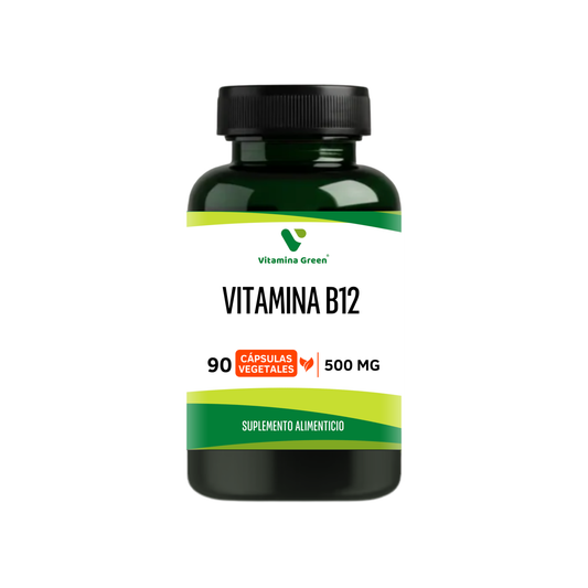Suplemento de Vitamina B12 500 mg Vitamina Green. Ideal para veganos y vegetarianos. Apoya el metabolismo energético y reduce la fatiga. Envío a todo Chile.