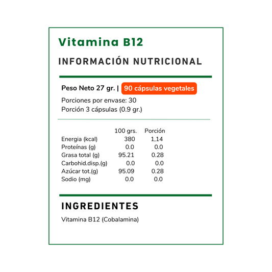 Suplemento de Vitamina B12 500 mg Vitamina Green. Ideal para veganos y vegetarianos. Apoya el metabolismo energético y reduce la fatiga. Envío a todo Chile.