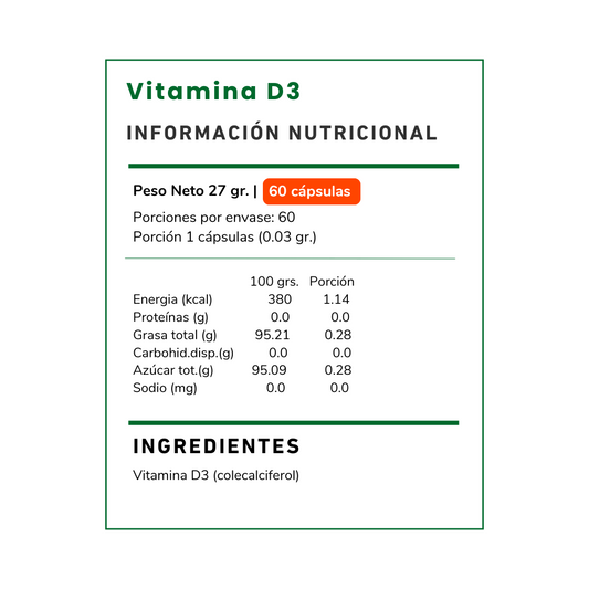 Suplemento de Vitamina D3 800 UI Vitamina Green. Contribuye al mantenimiento de los huesos y al funcionamiento normal del sistema inmune. Envío rápido en Chile.