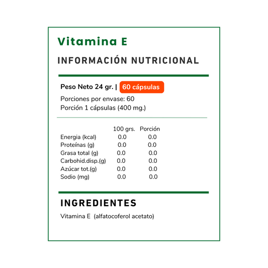 Vitamina E 600 UI de Vitamina Green. Suplemento antioxidante que contribuye a la protección celular y al bienestar de la piel. Compra con envío a todo Chile.