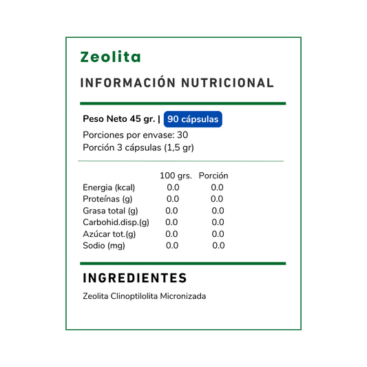 Suplemento de Zeolita Clinoptilolita 500 mg de Vitamina Green. Mineral natural volcánico para apoyar tu bienestar digestivo y equilibrio diario. Envío en Chile.