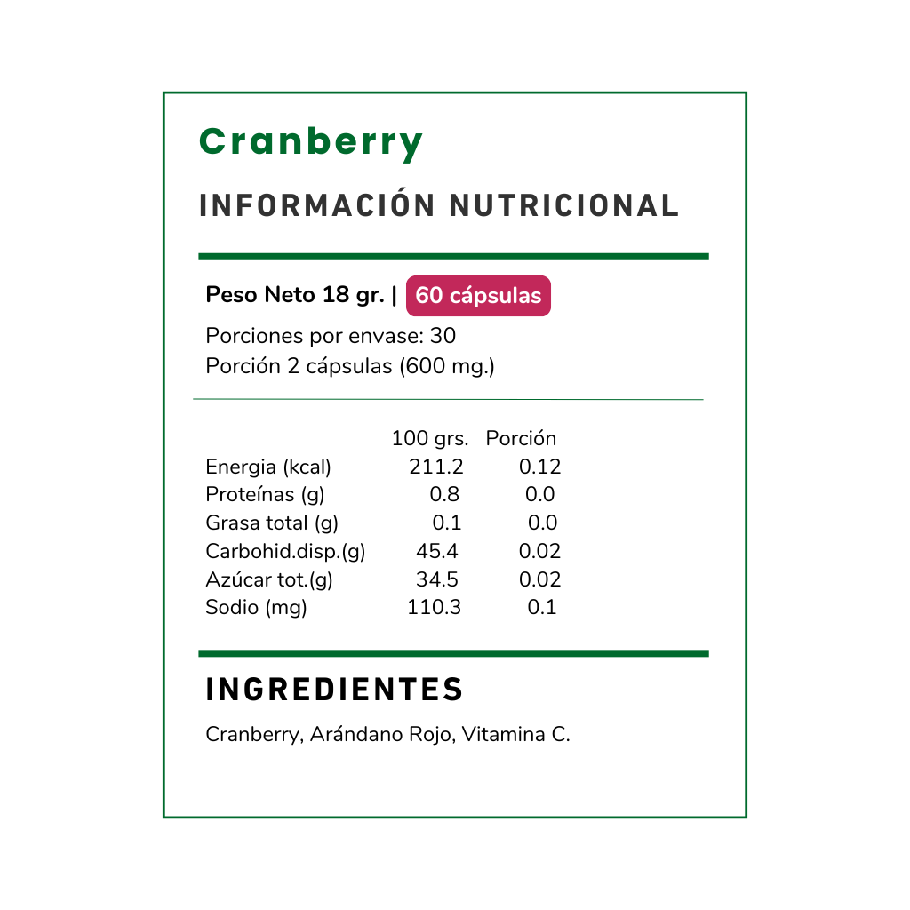 Cranberry, con arándano rojo y vitamina C, podría ayudar a la salud urinaria y fortalecer el sistema inmune. ¡Protección natural en cada cápsula!