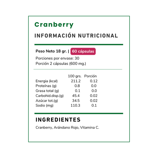 Cranberry, con arándano rojo y vitamina C, podría ayudar a la salud urinaria y fortalecer el sistema inmune. ¡Protección natural en cada cápsula!