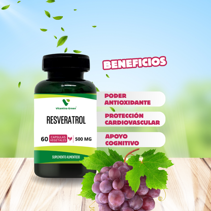 Resveratrol Vitamina Green, suplemento potente antioxidante que ayuda a combatir el envejecimiento celular. ¡Protege tu juventud y compra en Chile!