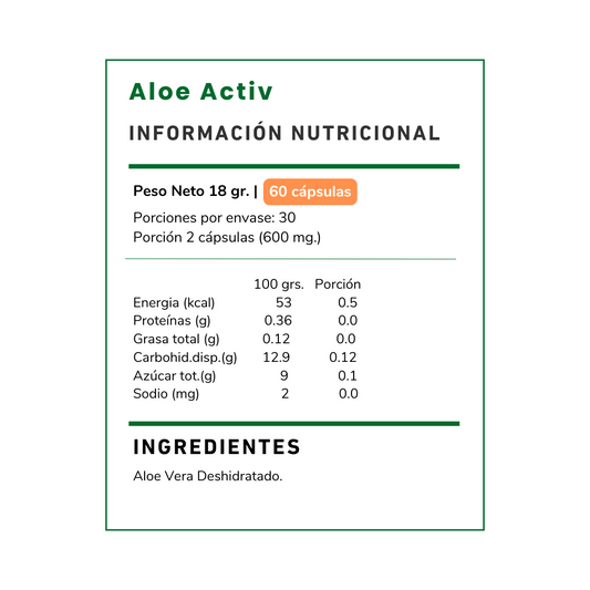 Compra Aloe Activ 300 mg en Vitamina Green Chile. Suplemento natural de Aloe Vera en cápsulas para apoyar tu bienestar digestivo. Envío rápido a todo el país.