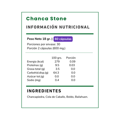 Vitamina Green Chanca Stone: apoya la salud de tus riñones y ayuda a eliminar cálculos. Con Boldo y Cola de Caballo. ¡Compra en Chile!