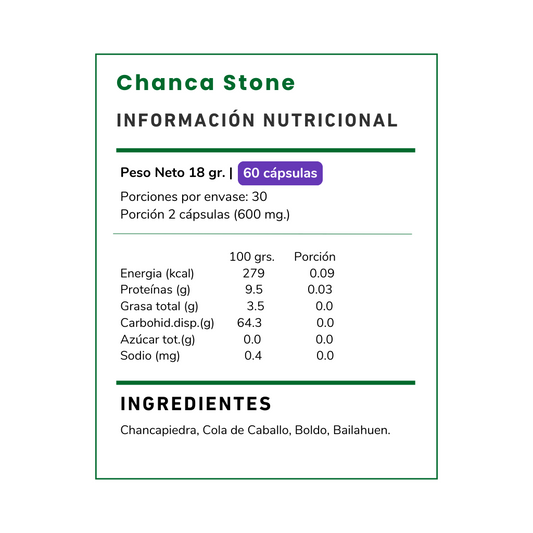 Chanca Stone, Apoya la salud renal y digestiva con Chanca Piedra, Cola de Caballo, Boldo y Bailahuen. ¡Bienestar natural en cada cápsula!