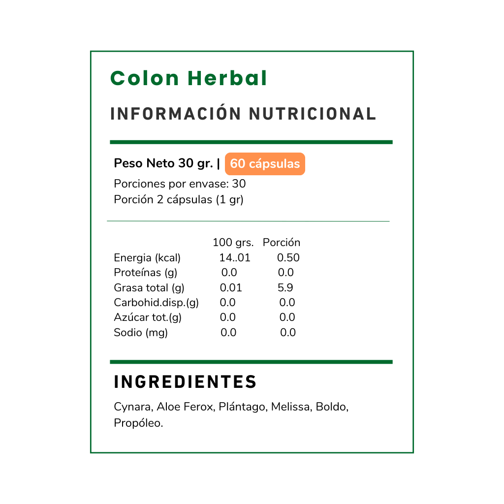 Colon Herbal, Fórmula natural con cynara, boldo y aloe ferox, que podría favorecer la digestión y el bienestar intestinal. ¡Apoya tu salud digestiva naturalmente!