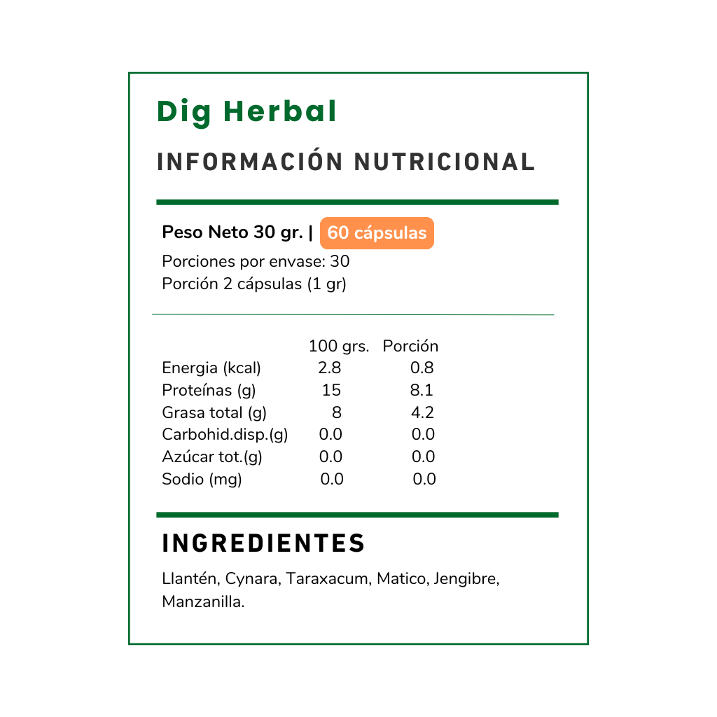 Dig Herbal, fórmula natural con llantén, cynara y jengibre. Podría favorecer la digestión, aliviar molestias estomacales y mejorar el bienestar intestinal. ¡Pruébalo hoy!