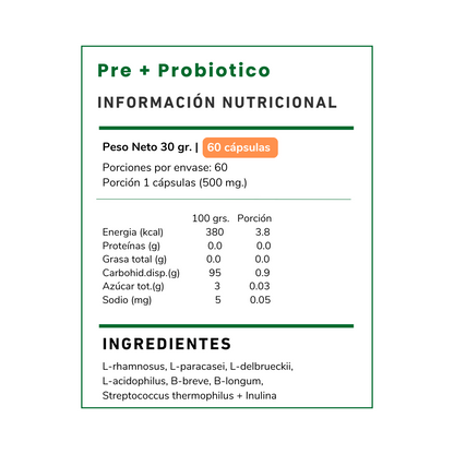 Mejora tu digestión, refuerza defensas y equilibra tu flora intestinal. Suplemento Prebiotico + Probioticos Vitamina Green en Chile. ¡Compra fácil y rápido!