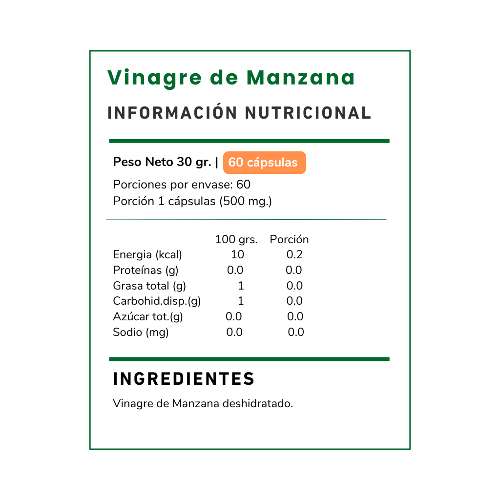 Complementa tu nutrición con Vinagre de Manzana 500 mg de Vitamina Green. Apoyo natural para tu bienestar digestivo y balance metabólico. Envío a todo Chile.