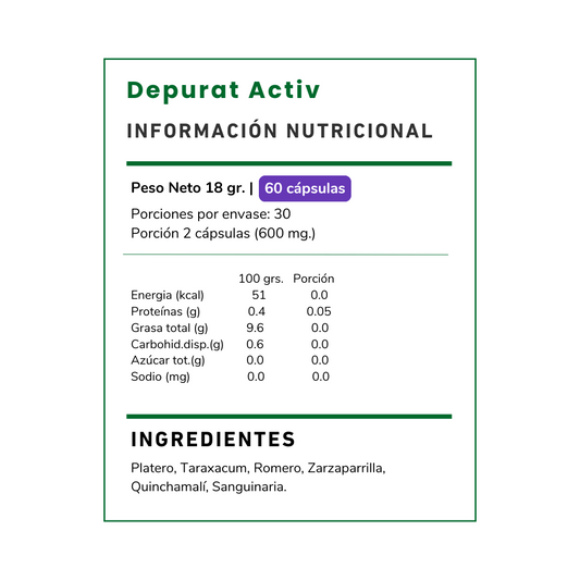 Depurat, Apoya la detoxificación con Platero, Taraxacum, Romero, Zarzaparrilla, Quinchamalí y Sanguinaria. ¡Renueva tu cuerpo de forma natural!
