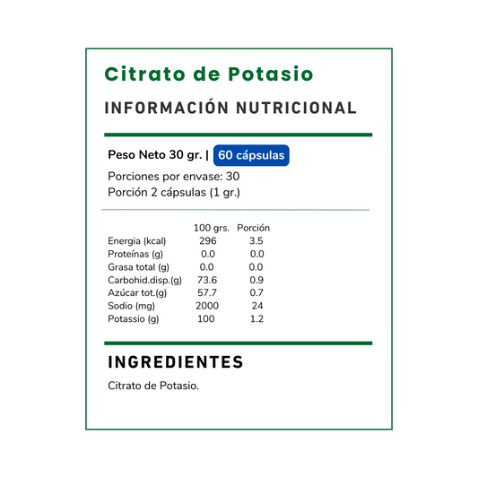 Citrato de Potasio Vitamina Green: esencial para el balance de electrolitos, hidratación y presión arterial. ¡Compra el tuyo en Chile y optimiza tu bienestar!