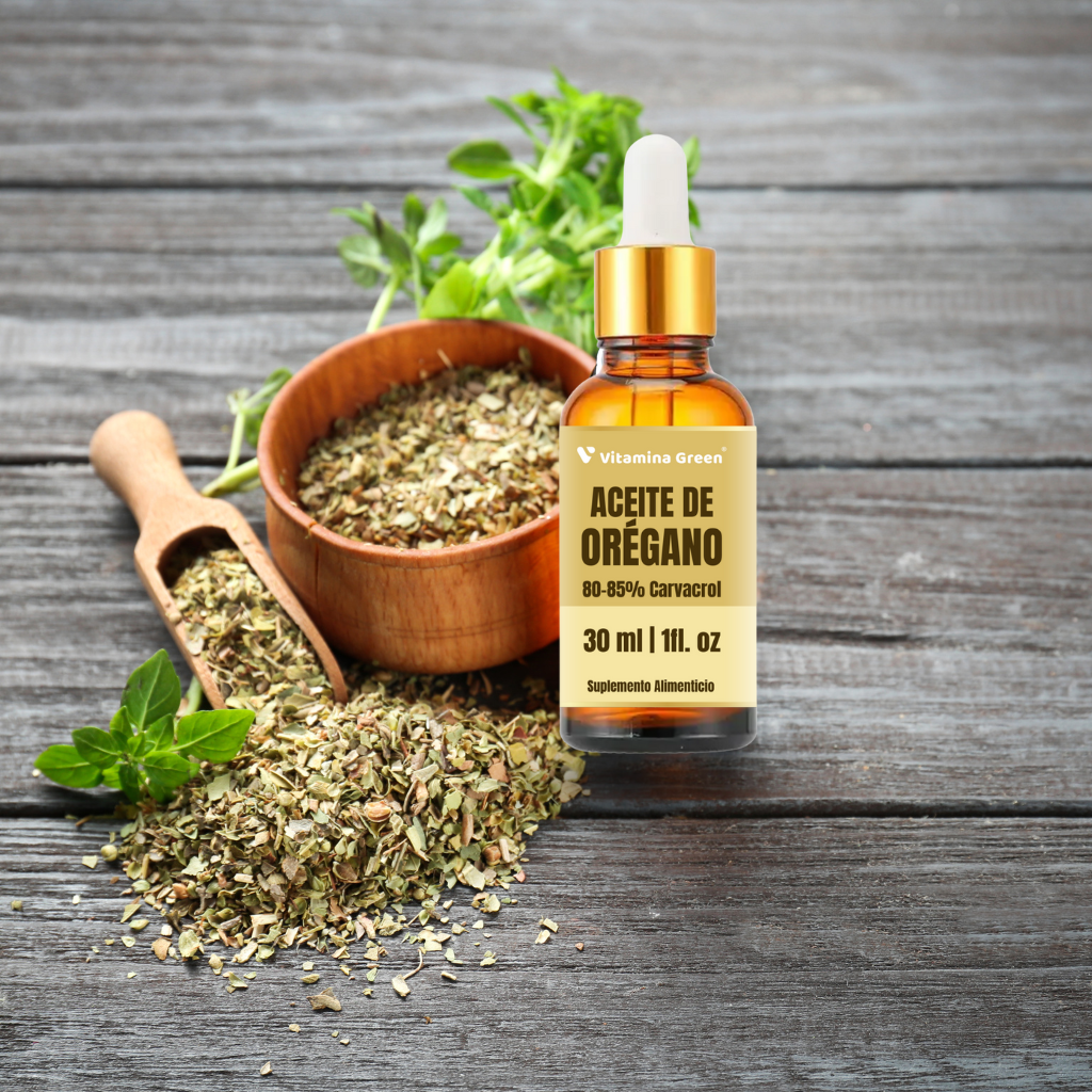 Aceite de Oregano Vitamina Green con 80-85% de Carvacrol. Extracto puro prensado en frío para tu bienestar diario. Envíos a todo Chile. ¡Descúbrelo!