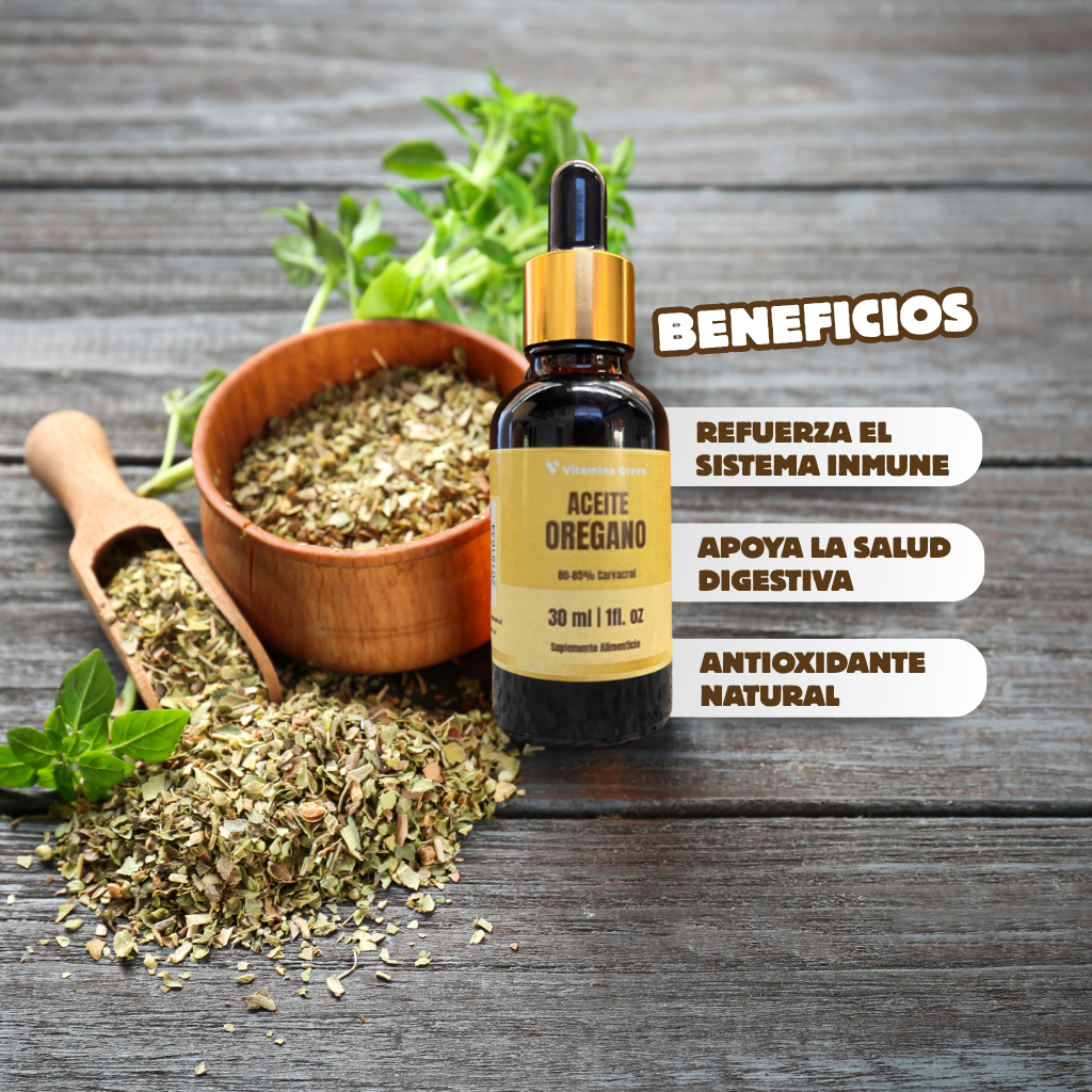 Aceite de Orégano Vitamina Green: poderoso antibacteriano y antifúngico natural. Fortalece tu inmunidad en Chile. ¡Potencia tu bienestar!