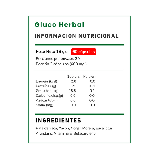 Vitamina Green Gluco Herbal: apoya el control de tu azúcar con Pata de Vaca y Yacón. ¡Mejora tu bienestar metabólico hoy! ¡Compra en Chile!