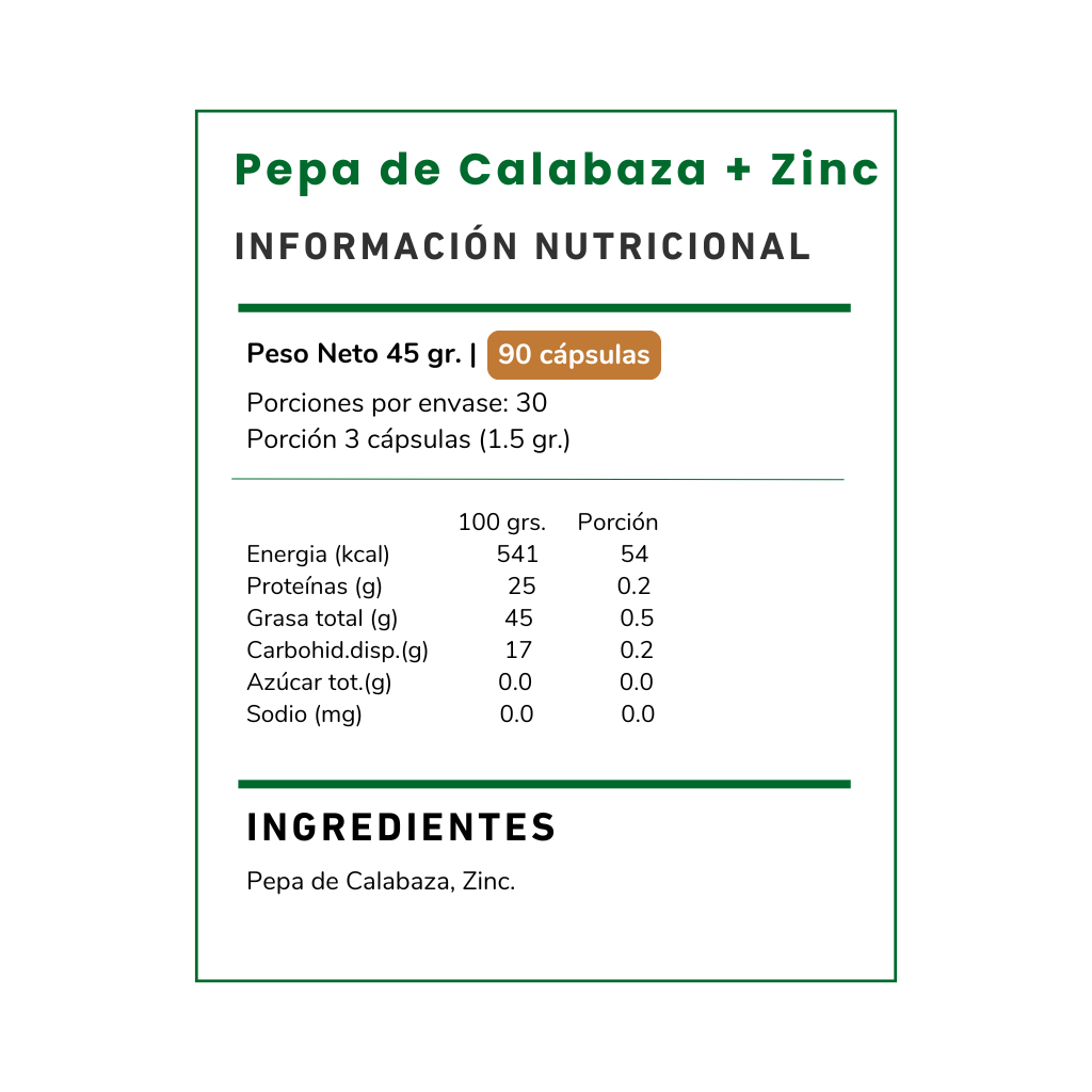 Pepa de Calabaza con Zinc, Promueve la salud prostática, fortalece el sistema inmunológico y mejora la piel. ¡Bienestar natural en cada cápsula!