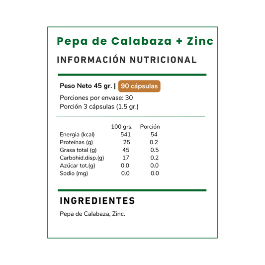 Pepa de Calabaza con Zinc, Promueve la salud prostática, fortalece el sistema inmunológico y mejora la piel. ¡Bienestar natural en cada cápsula!