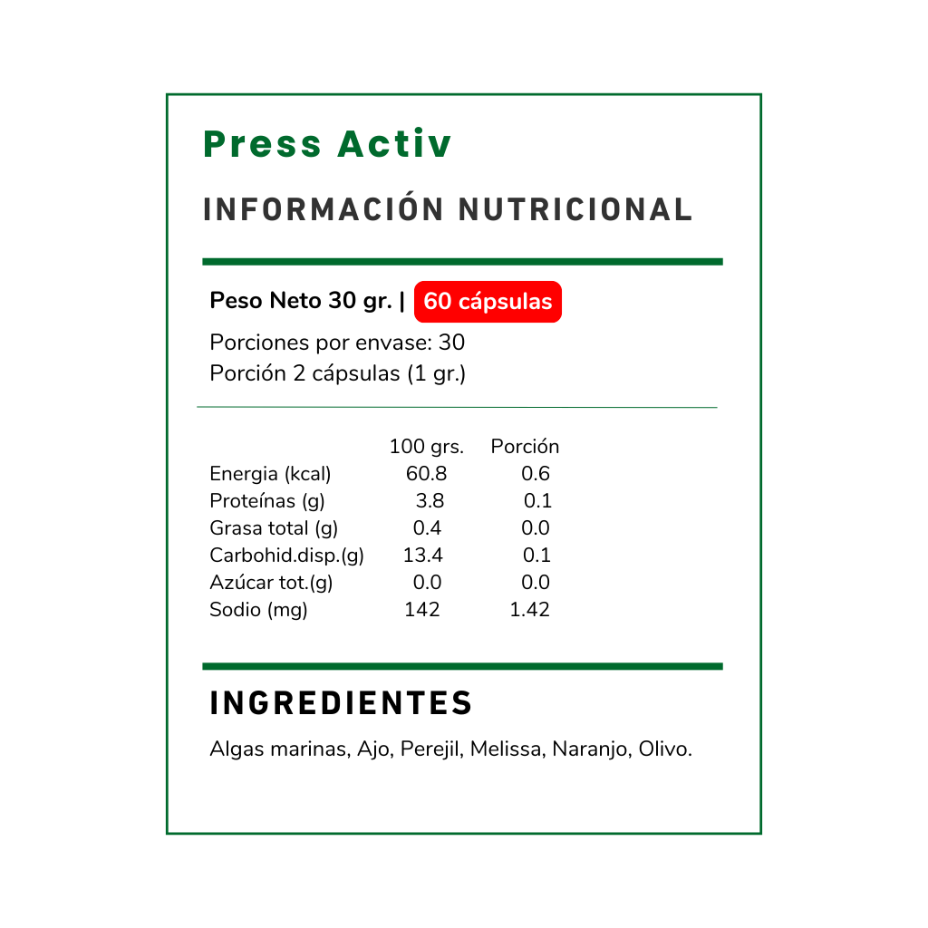 Press Activ con algas marinas, ajo, perejil y más. Podría ayudar a equilibrar la presión y mejorar la circulación. ¡Descubre sus beneficios naturales!