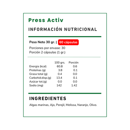 Vitamina Green Press Activ: Controla tu presión y circulación con ingredientes naturales como ajo y olivo. ¡Compra en Chile y mejora tu bienestar hoy!