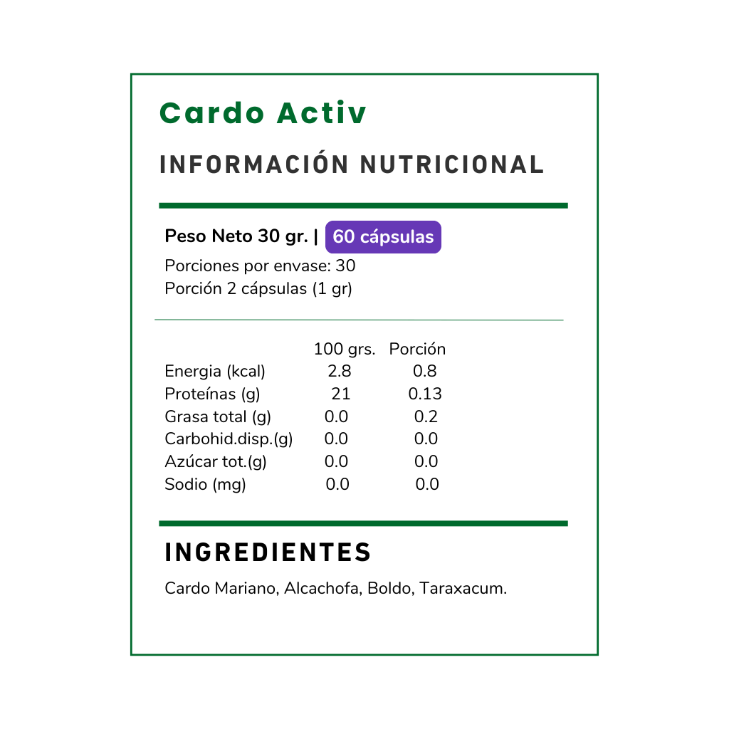 Suplemento Cardo Activ 500 mg en cápsulas. Fórmula natural con Cardo Mariano, Alcachofa y Boldo para apoyar tu bienestar digestivo. Envío a todo Chile.