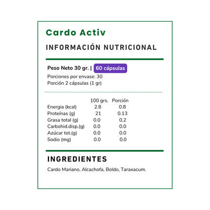 Suplemento Cardo Activ 500 mg en cápsulas. Fórmula natural con Cardo Mariano, Alcachofa y Boldo para apoyar tu bienestar digestivo. Envío a todo Chile.