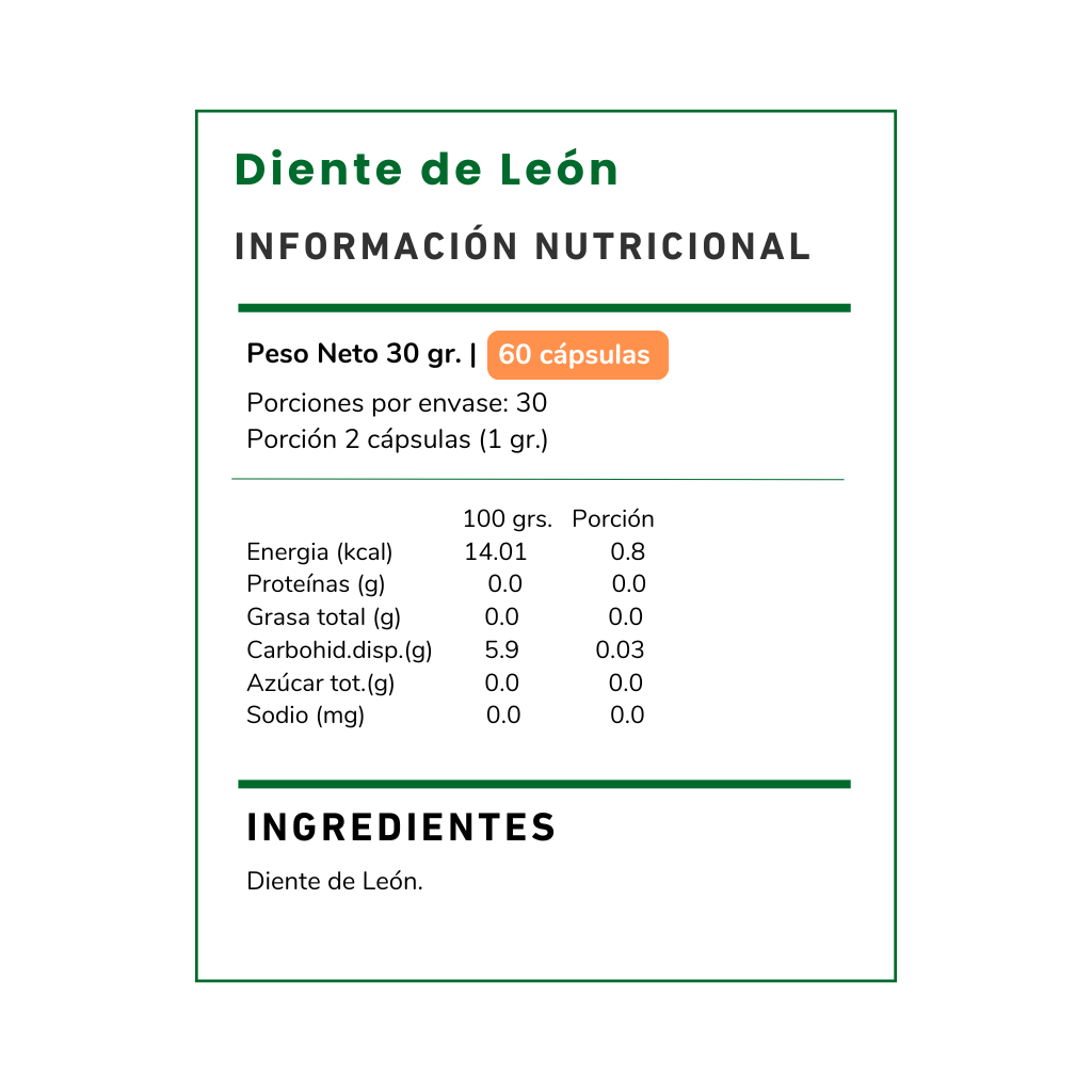 Compra Diente de León 500 mg de Vitamina Green. Suplemento alimenticio natural para apoyar tu bienestar diario y equilibrio general. Envío a todo Chile