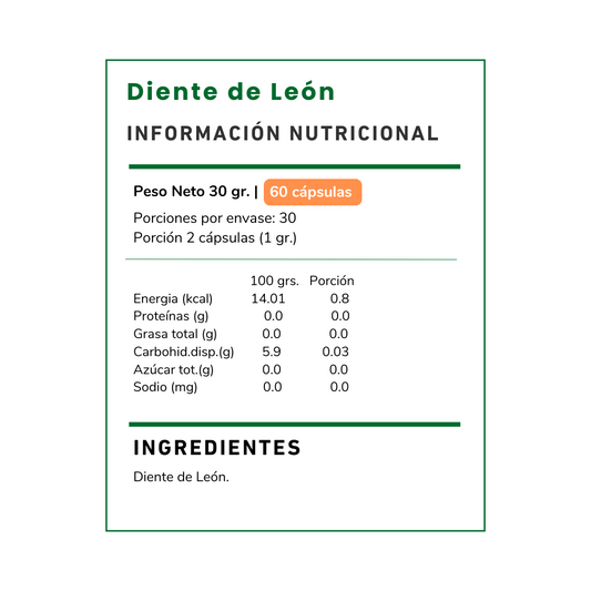 Compra Diente de León 500 mg de Vitamina Green. Suplemento alimenticio natural para apoyar tu bienestar diario y equilibrio general. Envío a todo Chile