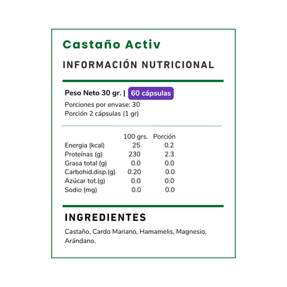 Descubre Castaño Activ 500 mg de Vitamina Green. Suplemento con castaño y arándano para apoyar el bienestar de tus piernas y la vitalidad. Envío a todo Chile.