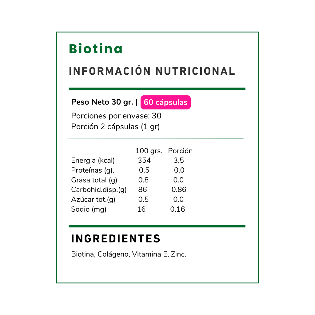 Compra Biotina, el suplemento perfecto para fortalecer tu cabello, piel y uñas. ¡Potencia tu belleza desde el interior de forma natural y efectiva!
