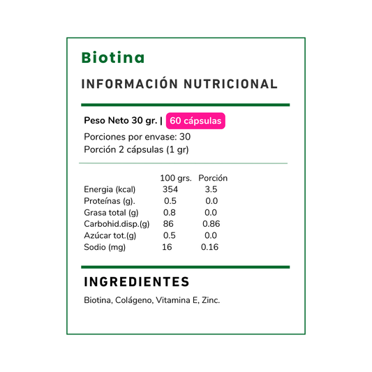 Compra Biotina, el suplemento perfecto para fortalecer tu cabello, piel y uñas. ¡Potencia tu belleza desde el interior de forma natural y efectiva!