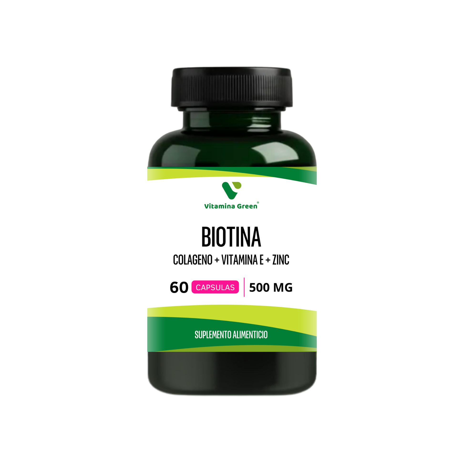 Suplemento de Biotina 500 mg enriquecido con Colágeno y Zinc. Apoya el mantenimiento de tu piel y uñas. Calidad Vitamina Green con envío a todo Chile.