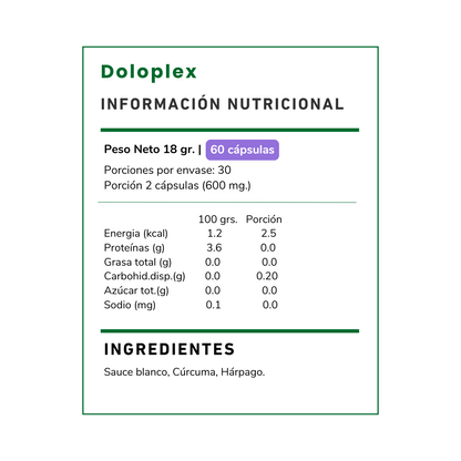 Vitamina Green Doloplex: con Sauce, Cúrcuma y Harpago para el alivio natural del dolor e inflamación. ¡Compra en Chile y siéntete aliviado!