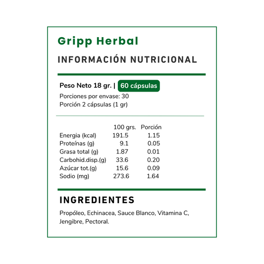 Gripp Herbal, fórmula natural con propóleo, equinácea, vitamina C y mas. Podría reforzar tu sistema inmune y aliviar los síntomas del resfrío. ¡Protege tu salud hoy!