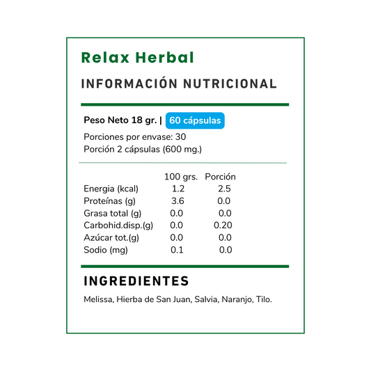Relax Herbal, Fórmula natural con melissa, hierba de San Juan y tilo. Podría ayudar a reducir el estrés, mejorar el sueño y promover la calma. ¡Relájate hoy!