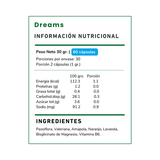 Descubre Dreams Herbal 300 mg Vitamina Green. Suplemento con Valeriana, Pasiflora y Magnesio para apoyar tu bienestar y relajación natural. Envío a todo Chile