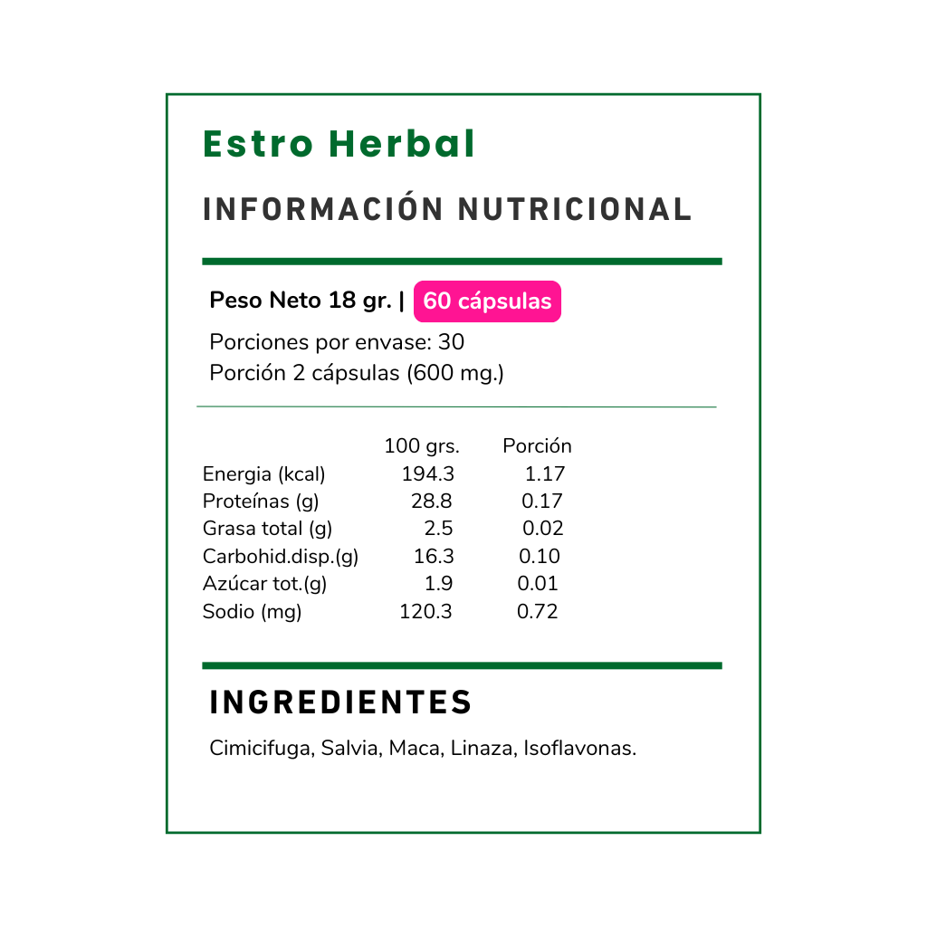 Descubre Estro Herbal 300 mg de Vitamina Green. Con Cimicifuga y Salvia para apoyar el bienestar femenino y la vitalidad natural. Compra online en Chile.