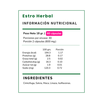 Descubre Estro Herbal 300 mg de Vitamina Green. Con Cimicifuga y Salvia para apoyar el bienestar femenino y la vitalidad natural. Compra online en Chile.