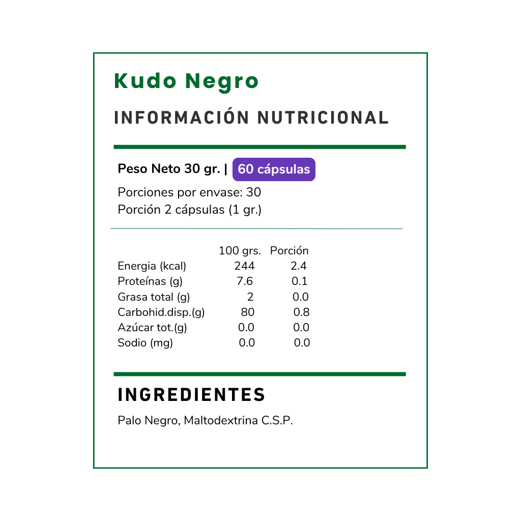 Descubre Kudo Negro (Palo Negro) 300 mg Vitamina Green. Suplemento alimenticio natural para complementar tu bienestar diario y equilibrio corporal. Envíos Chile