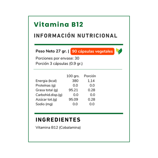 Suplemento de Vitamina B12 500 mg Vitamina Green. Ideal para veganos y vegetarianos. Apoya el metabolismo energético y reduce la fatiga. Envío a todo Chile.